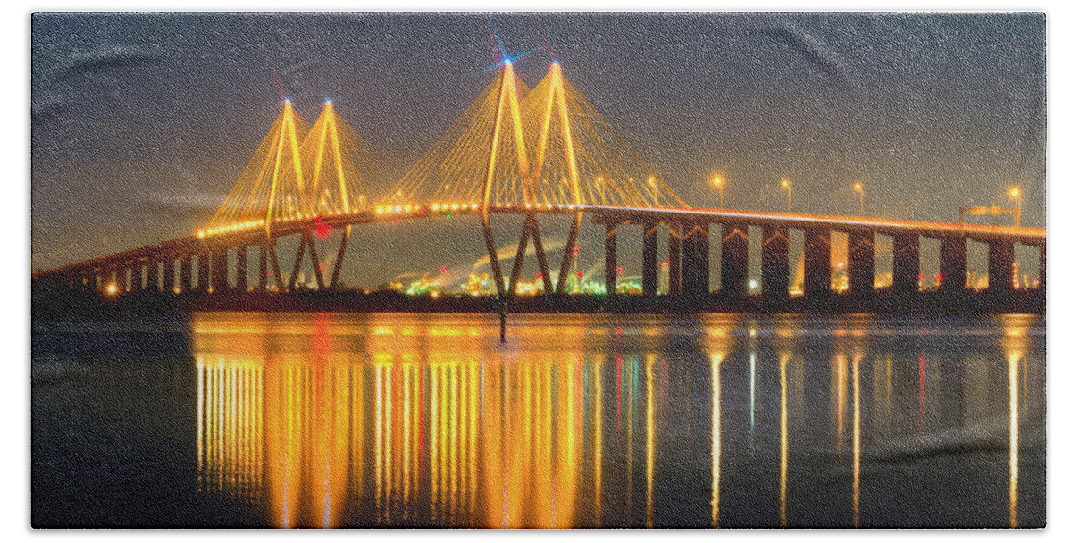 Houston Bath Towel featuring the photograph Fred Hartman Bridge at Night by Tim Stanley