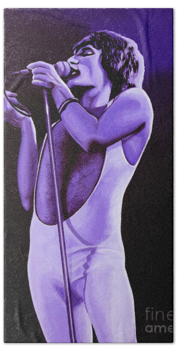 Freddie Mercury Hand Towel featuring the painting Freddie Mercury of Queen by Paul Meijering