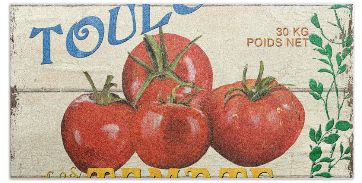 Tomatoes Hand Towel featuring the painting French Veggie Sign 3 by Debbie DeWitt