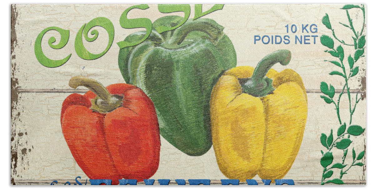 Peppers Hand Towel featuring the painting French Veggie Sign 4 by Debbie DeWitt