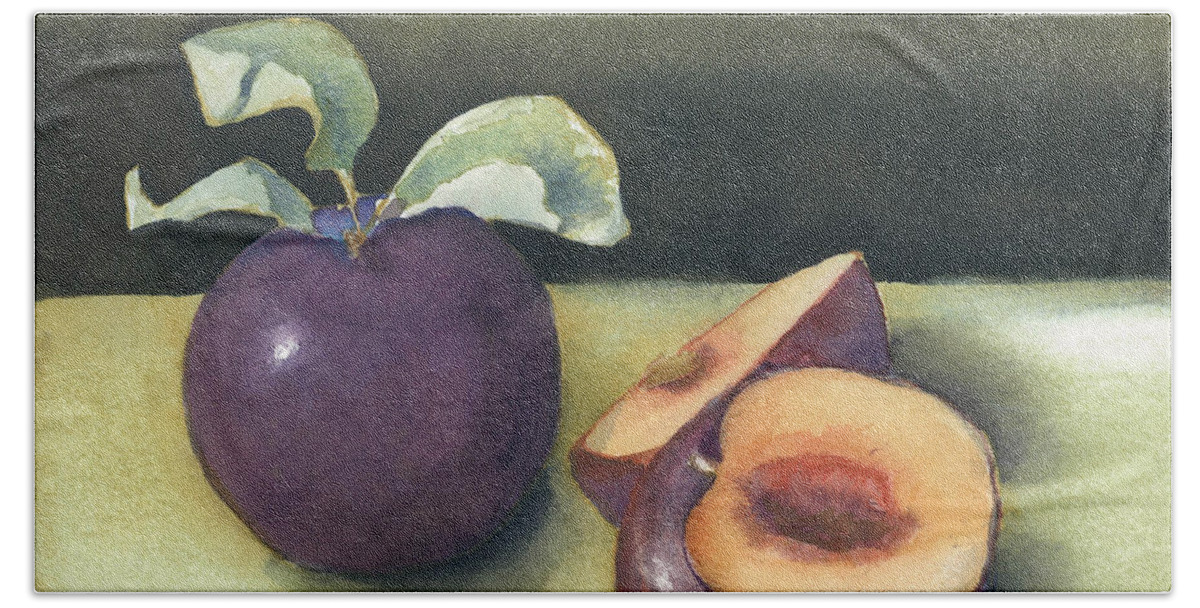 Purple Plums Hand Towel featuring the painting Fresh Plums by Maria Hunt
