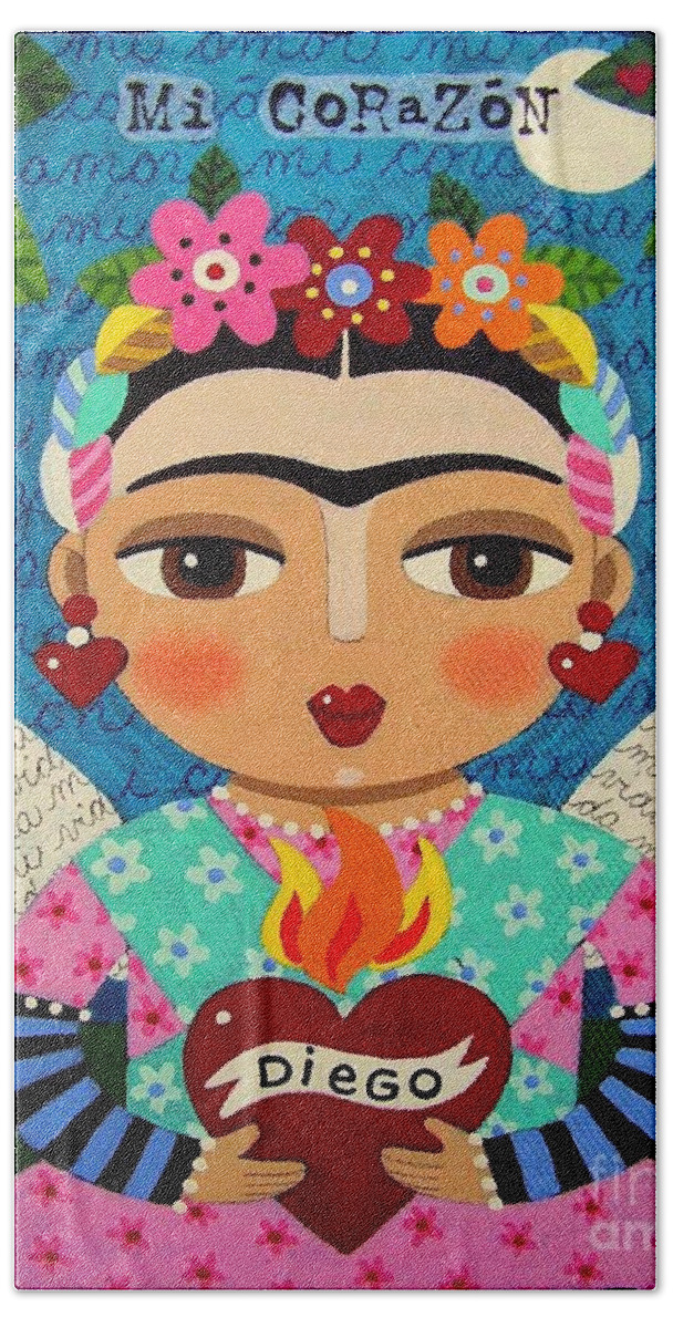 Frida Hand Towel featuring the painting Frida Kahlo Angel and Flaming Heart by Andree Chevrier