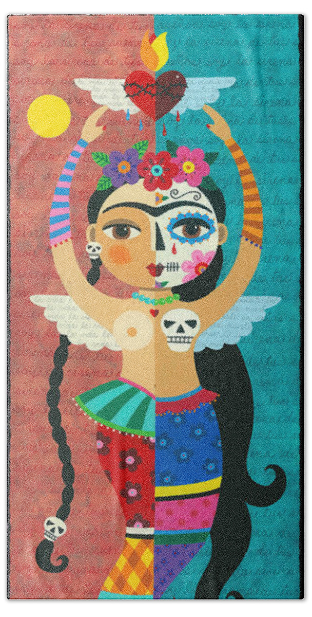 Frida Hand Towel featuring the painting Frida Kahlo Mermaid Angel with Flaming Heart by Andree Chevrier