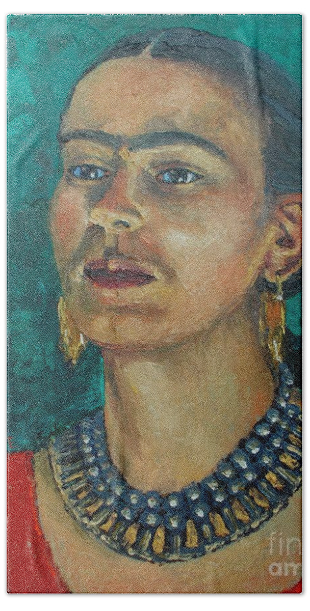 Woman Hand Towel featuring the painting Frida Teal by Lilibeth Andre