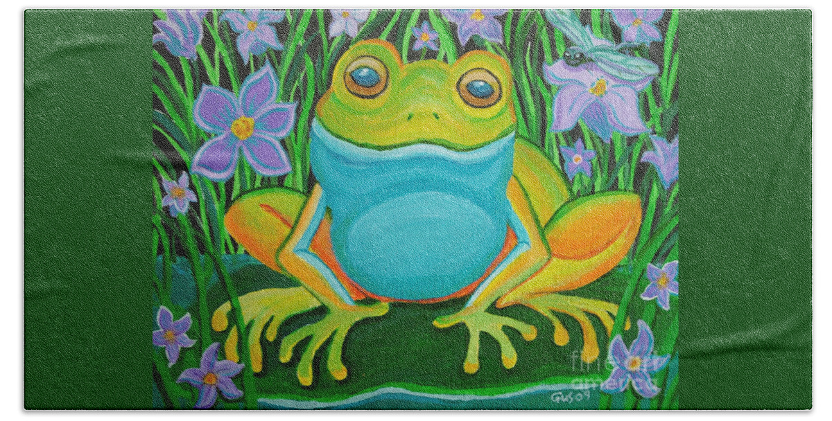 Frog Art Hand Towel featuring the painting Frog on a lily pad by Nick Gustafson