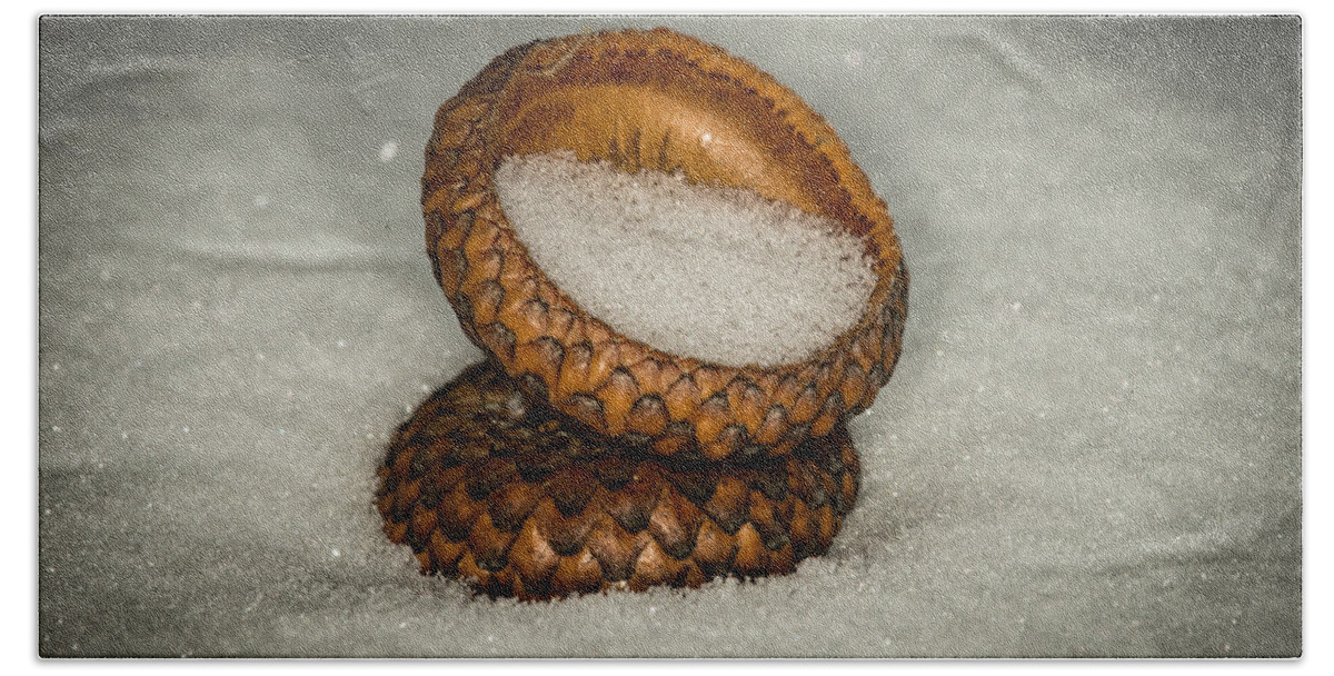 Nature Photograph Hand Towel featuring the photograph Frozen Acorn Cupule by Paul Freidlund