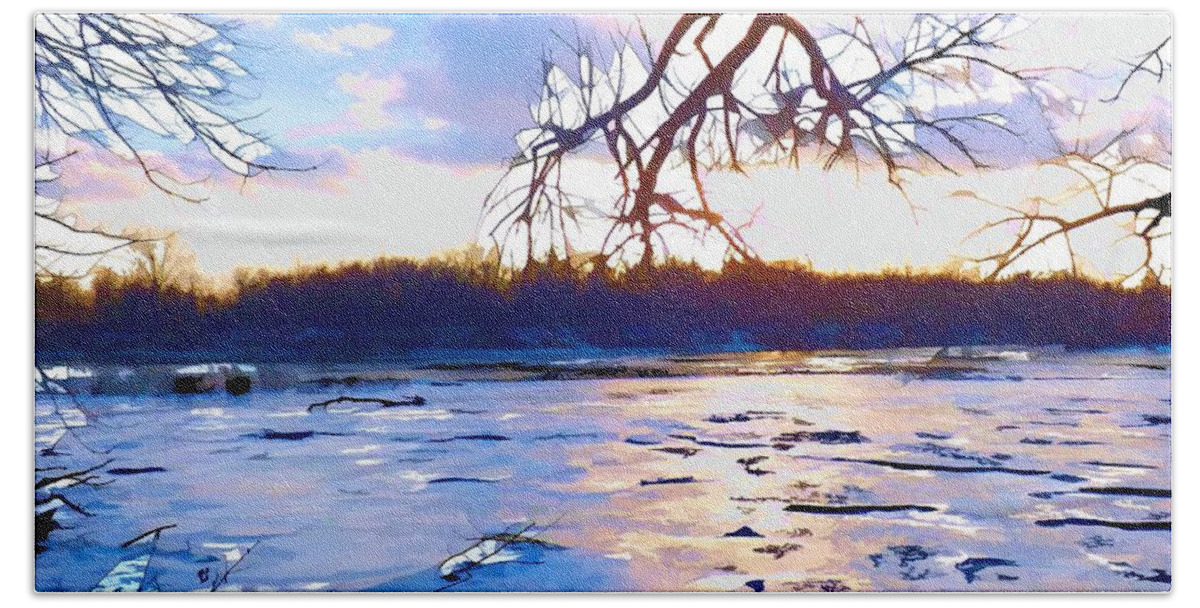 Frozen Bath Towel featuring the painting Frozen Delaware River Sunset by Robyn King