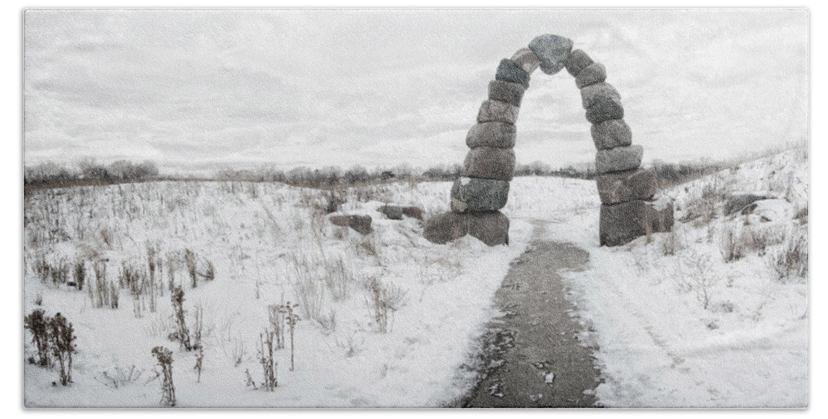 Snow Bath Towel featuring the photograph Frozen Stone Arch by Scott Norris