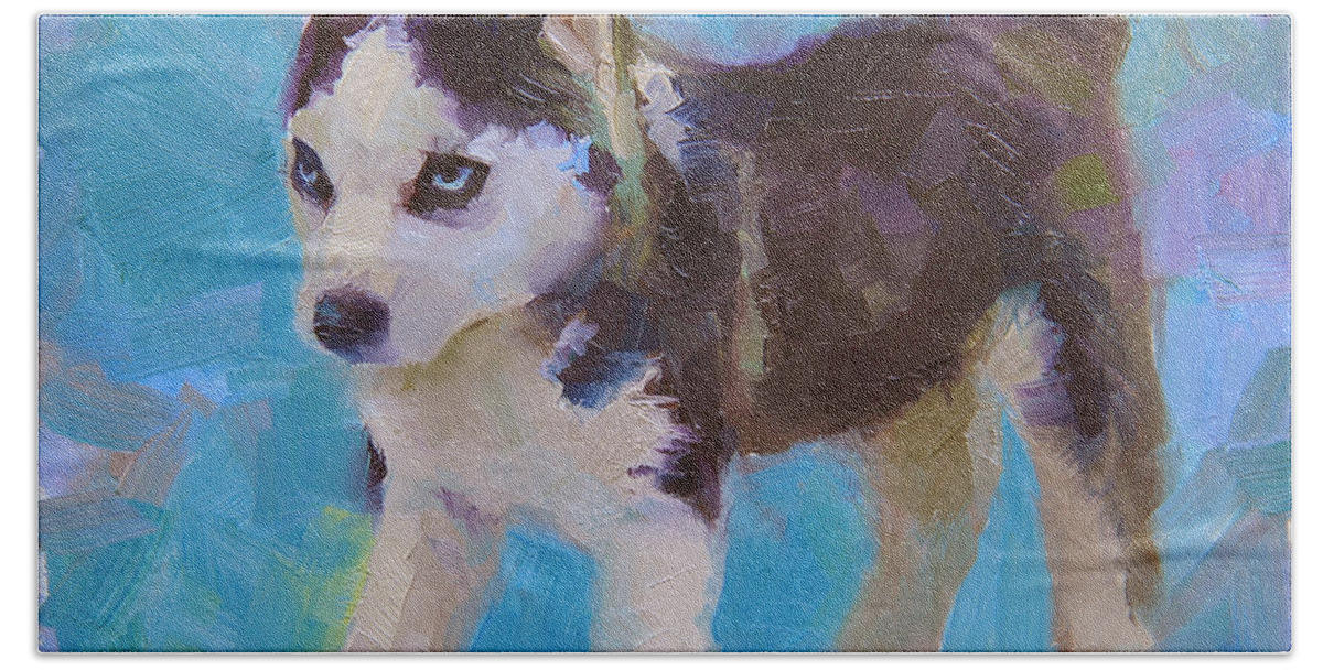 Husky Bath Towel featuring the painting Alaskan Husky Sled Dog Puppy by K Whitworth