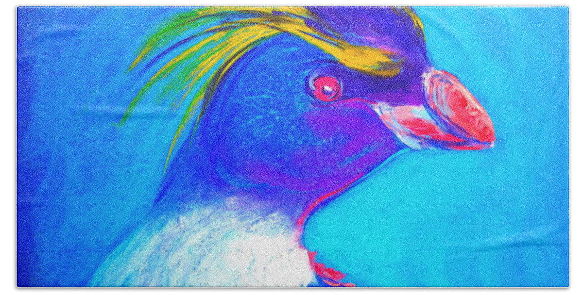 Birds Bath Towel featuring the painting Funky Penguin Rockhopper by Sue Jacobi
