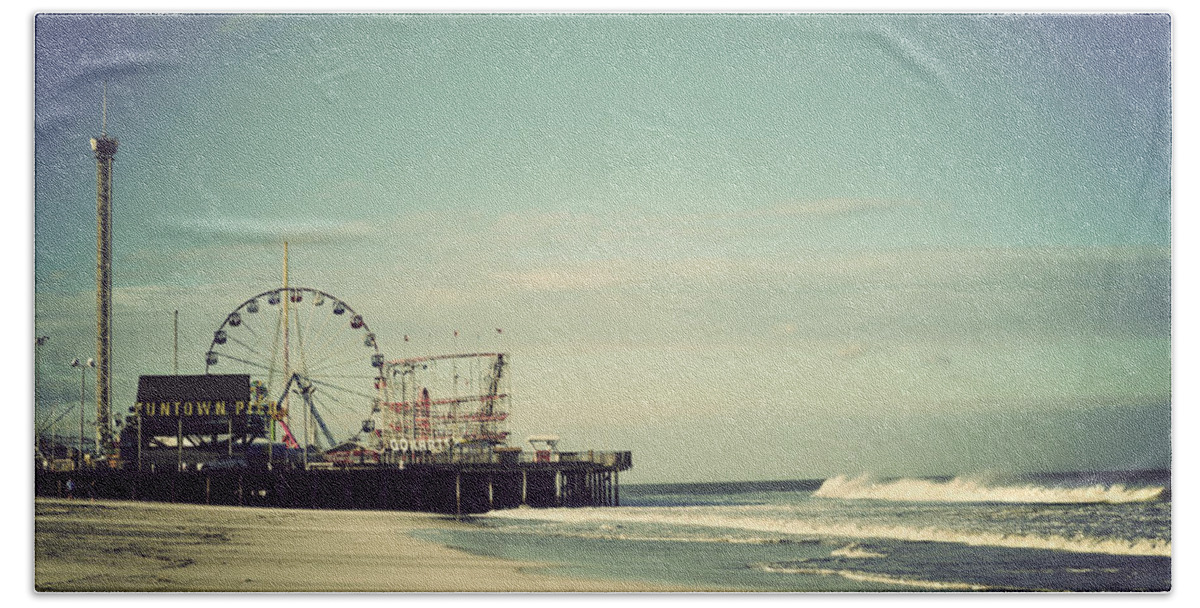 Funtown Pier Bath Sheet featuring the photograph Funtown Pier Seaside Heights New Jersey Vintage by Terry DeLuco