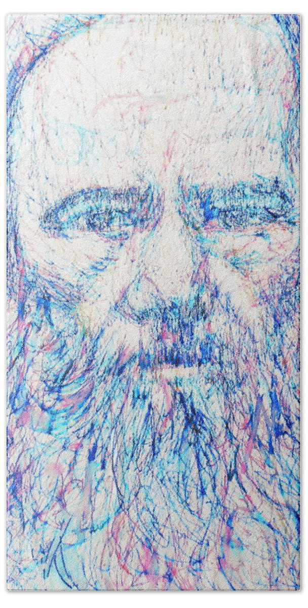 Fyodor Hand Towel featuring the painting Fyodor Dostoyevsky / colored pens portrait by Fabrizio Cassetta