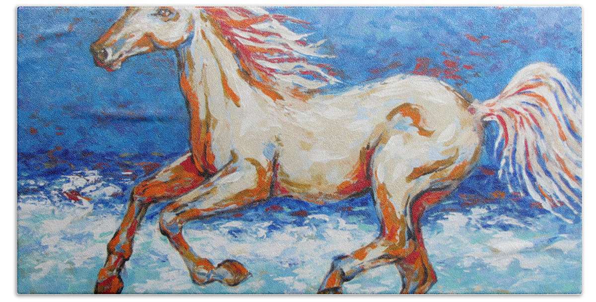  Beach Bath Towel featuring the painting Galloping Horse on Beach by Jyotika Shroff
