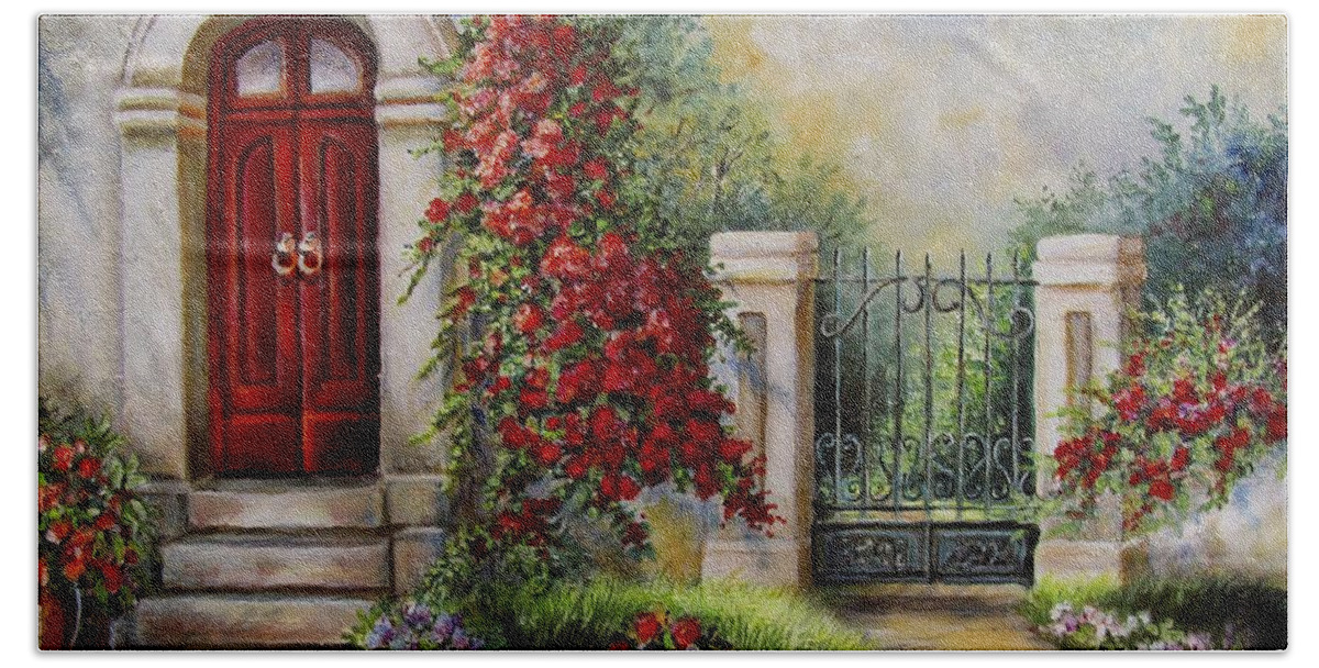 European Scene Bath Towel featuring the painting Gate to the hidden Garden by Regina Femrite