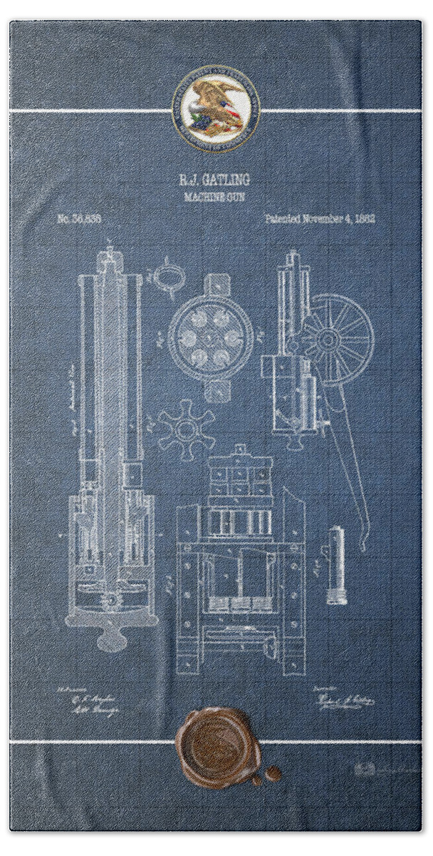 C7 Vintage Patents Weapons And Firearms Bath Towel featuring the digital art Gatling Machine Gun - Vintage Patent Blueprint by Serge Averbukh