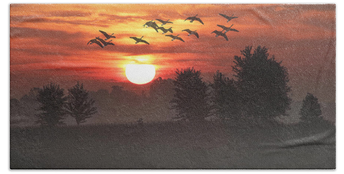 Art Hand Towel featuring the photograph Geese on a Foggy Morning Sunrise by Randall Nyhof
