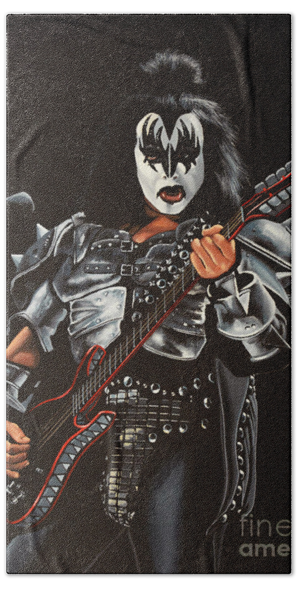 Kiss Bath Towel featuring the painting Gene Simmons of Kiss by Paul Meijering