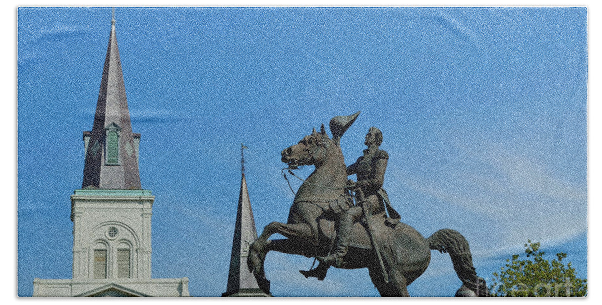 St. Louis Cathedral Bath Sheet featuring the photograph General Jackson Statue by Alys Caviness-Gober