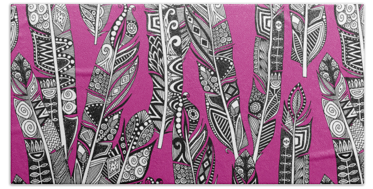Feather Hand Towel featuring the drawing Geo Feathers Hot Pink by MGL Meiklejohn Graphics Licensing
