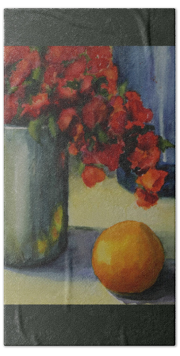 Pewter Vase Bath Towel featuring the photograph Geraniums with Pear and Oranges by Maria Hunt