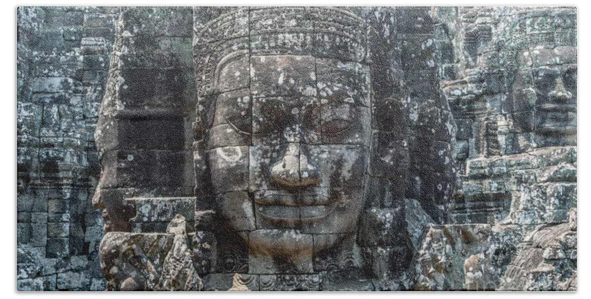 Buddha Hand Towel featuring the photograph Giant Buddha face inside Bayon temple - Angkor Wat - Cambodia by Matteo Colombo
