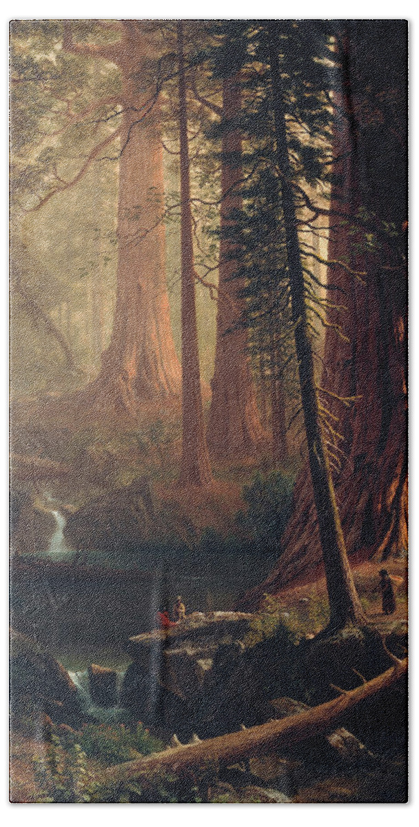  Albert Bierstadt Hand Towel featuring the painting Giant Redwood Trees of California by Albert Bierstadt