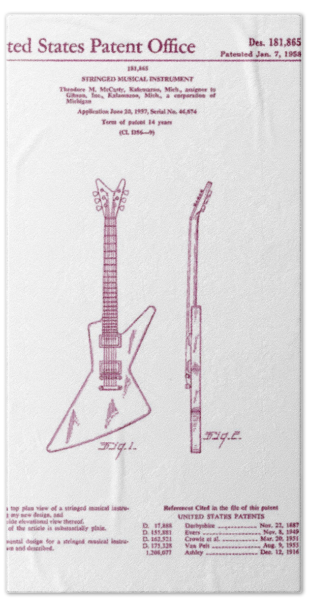 Music Bath Towel featuring the digital art Gibson Explorer Guitar Patent by Georgia Clare
