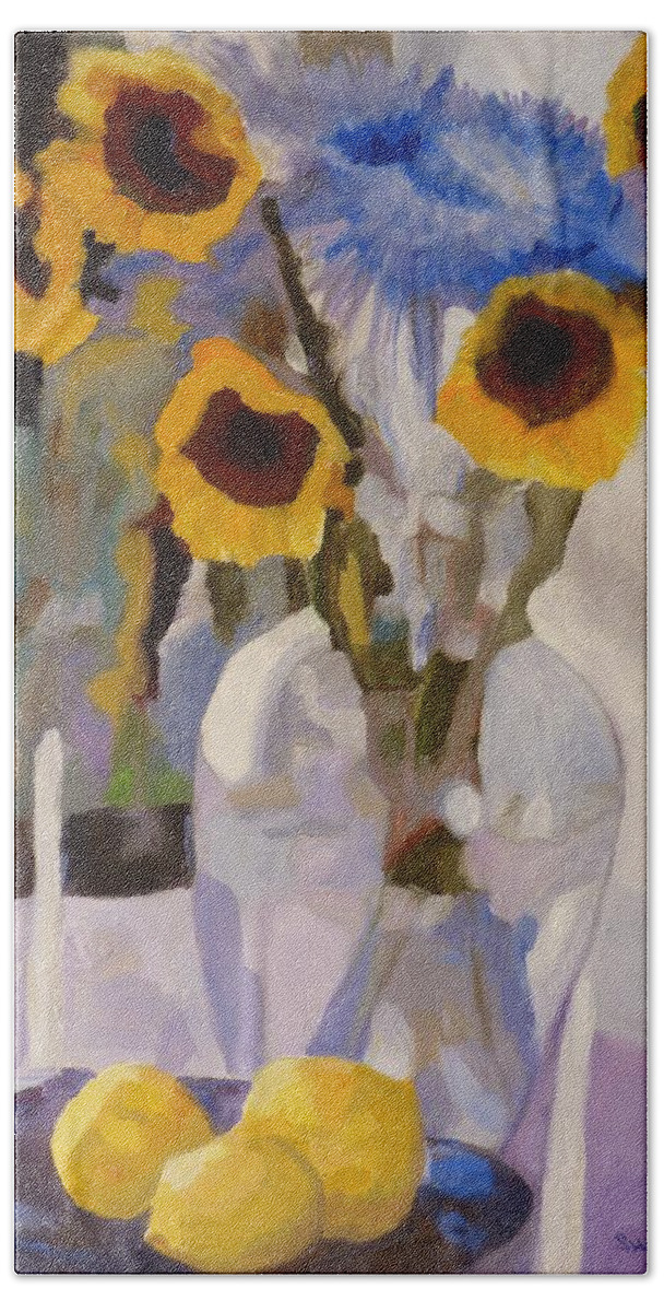 Still Life Sunflowers Mums Glass Vase Hand Towel featuring the painting Gifts of the Sun by Susan Duda