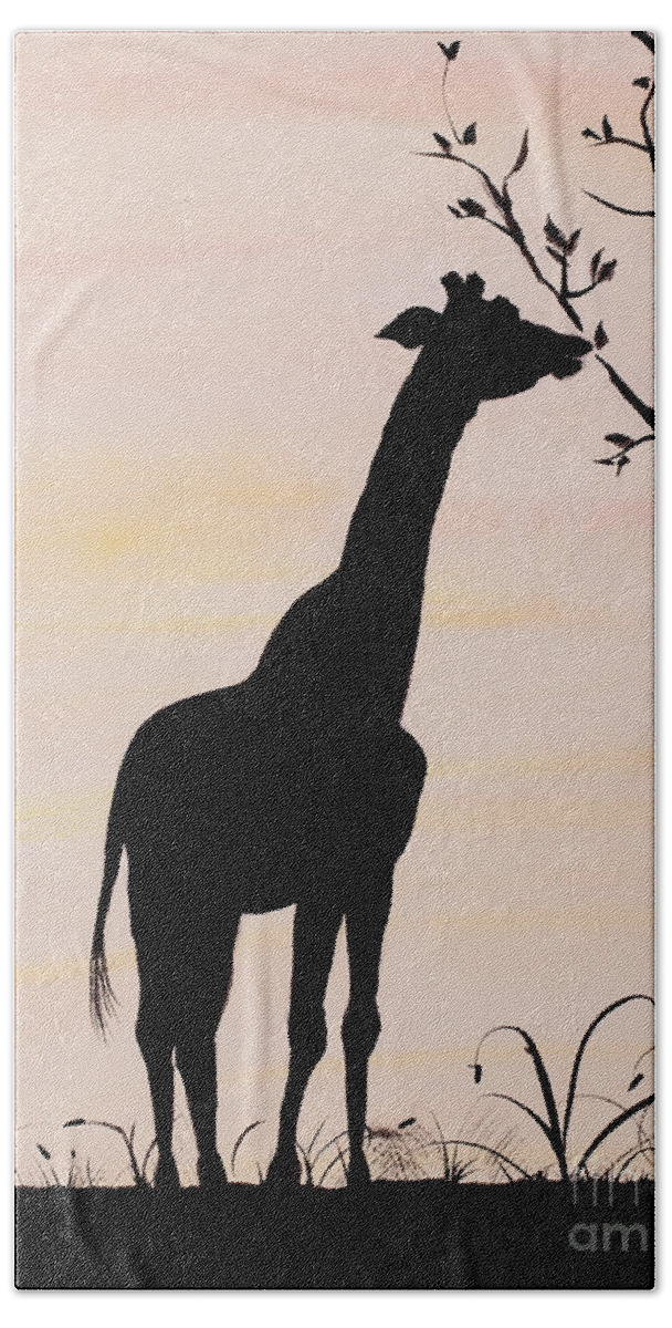 Giraffe Bath Towel featuring the painting Giraffe silhouette painting by Carolyn Bennett by Simon Bratt