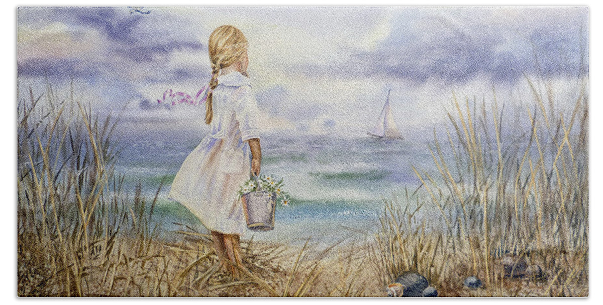 Girl Hand Towel featuring the painting Girl At The Ocean by Irina Sztukowski
