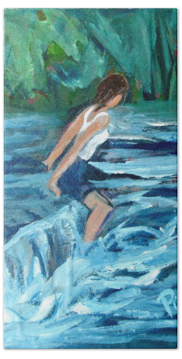 Girl With Camisole Top In Water Bath Towel featuring the painting Girl Bathing in River Rapids by Betty Pieper