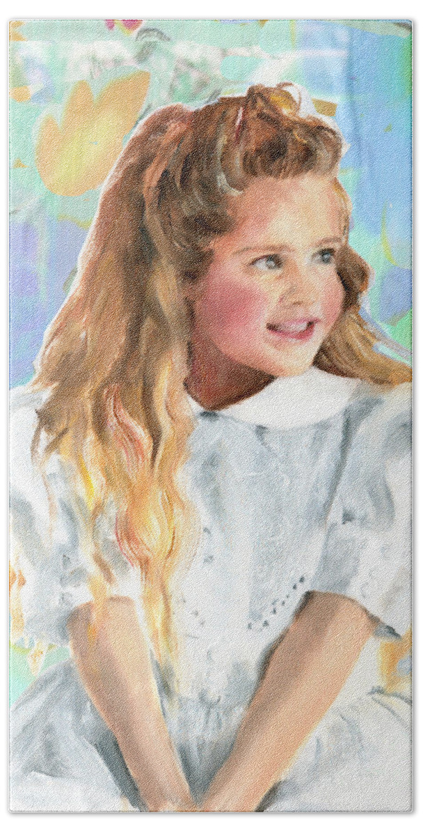 Portrait Bath Towel featuring the painting Painting of a Girl in a White Lacey Dress by Greta Corens