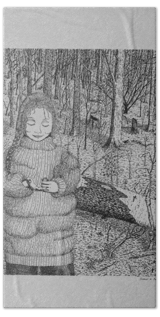 Girl Bath Towel featuring the drawing Girl In The Forest by Daniel Reed
