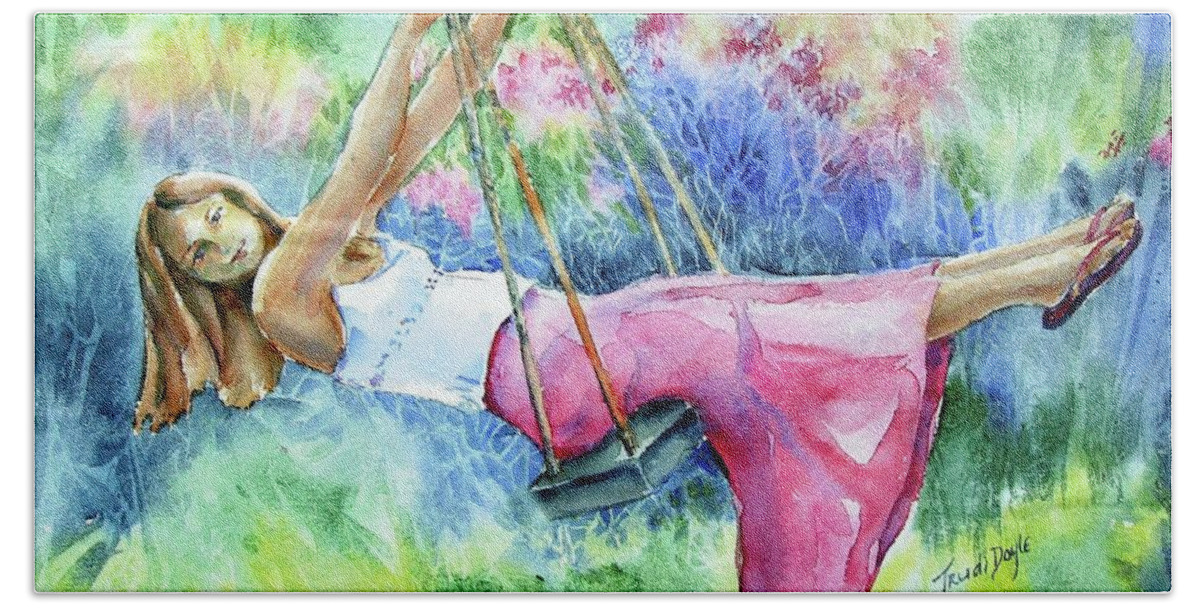 Swing Bath Towel featuring the painting GIrl on a Swing by Trudi Doyle