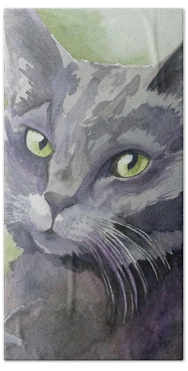 Grey Cat Bath Towel featuring the painting Girlfriend by Michal Madison
