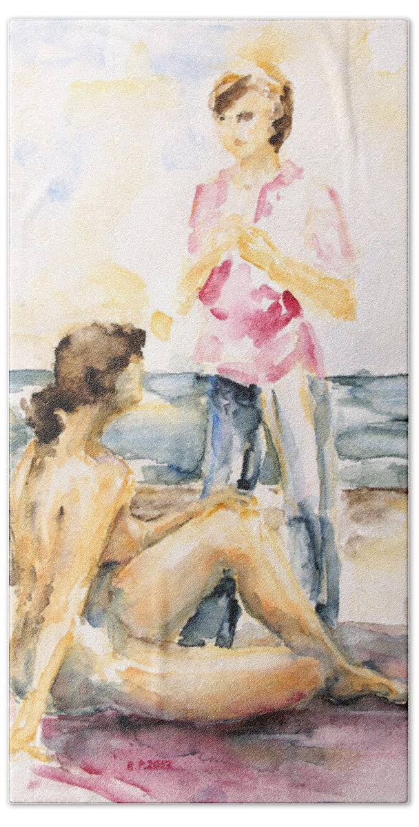 Barbara Pommerenke Hand Towel featuring the painting Girlfriends At The Beach by Barbara Pommerenke