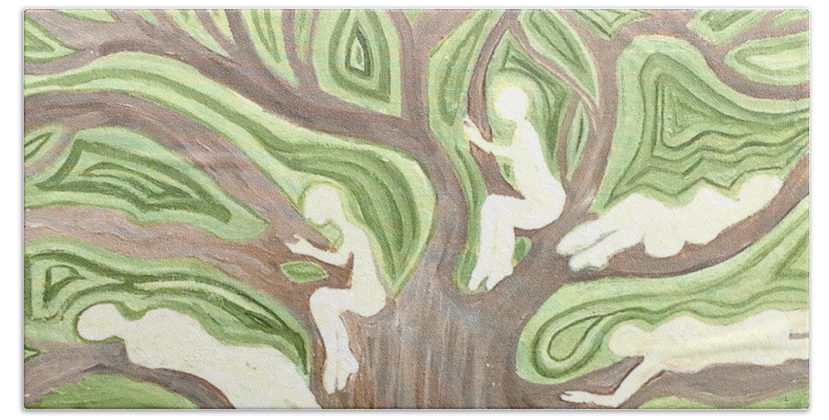 Tree Hand Towel featuring the painting Girls in a Tree by Suzanne Surber