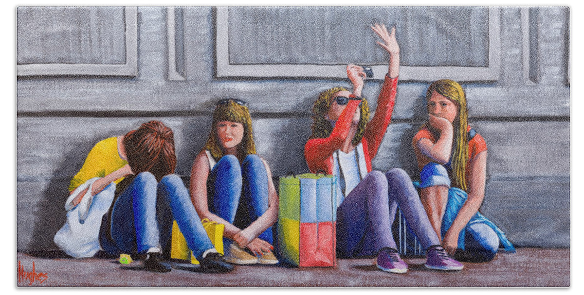 Girls Hand Towel featuring the painting Girls Waiting for Ride by Kevin Hughes