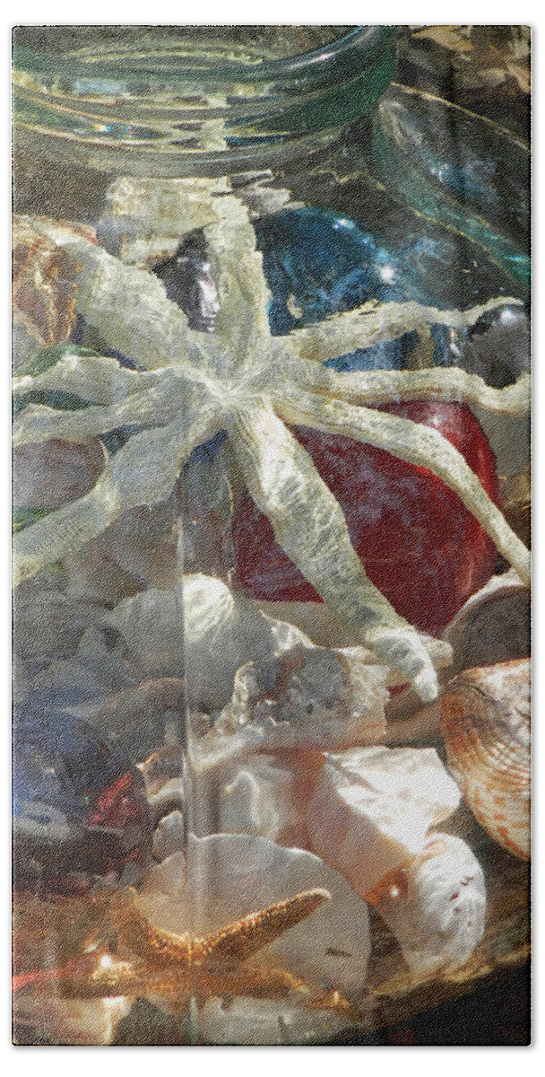 Shells Hand Towel featuring the photograph Glass jar with Starfish and Shells by Deborah Ferree