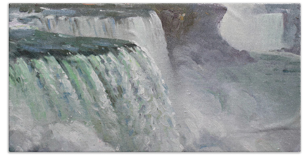 Gloomy Day Hand Towel featuring the painting Gloomy Day at Niagara Falls by Ylli Haruni