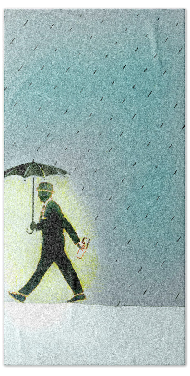 Accessory Hand Towel featuring the photograph Glowing Businessman Walking In Rain by Ikon Ikon Images