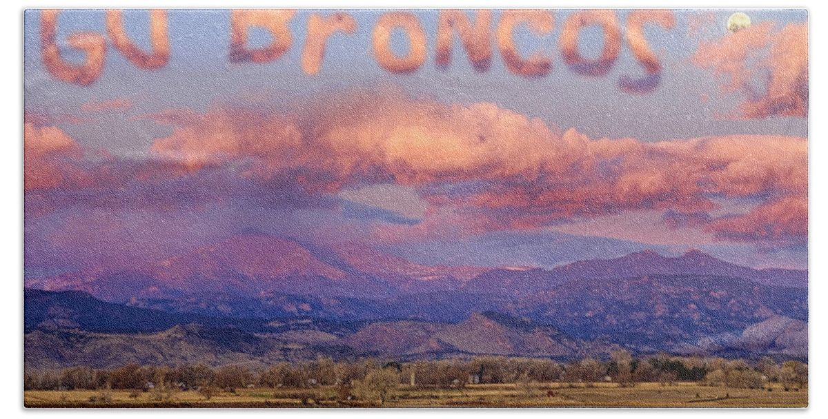 Go Broncos Bath Towel featuring the photograph Go Broncos Colorado Front Range Longs Moon Sunrise by James BO Insogna