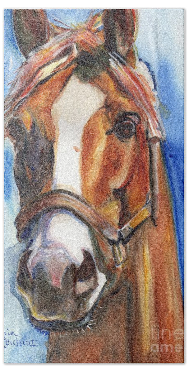California Chrome Hand Towel featuring the painting Horse Painting of California Chrome Go Chrome by Maria Reichert