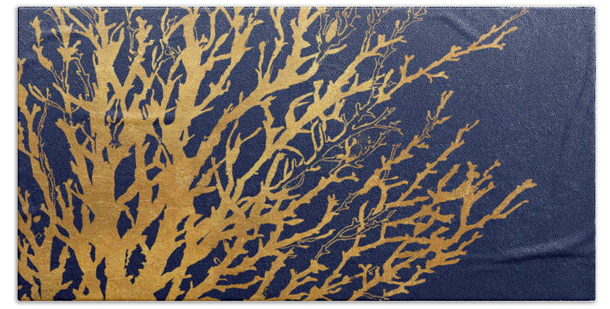 Gold Bath Sheet featuring the mixed media Gold Medley On Navy by Lanie Loreth