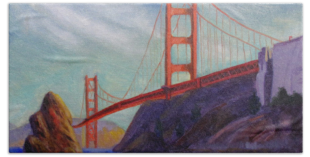 Golden Gate Bridge Hand Towel featuring the painting Golden Gate Bridge by Kevin Hughes