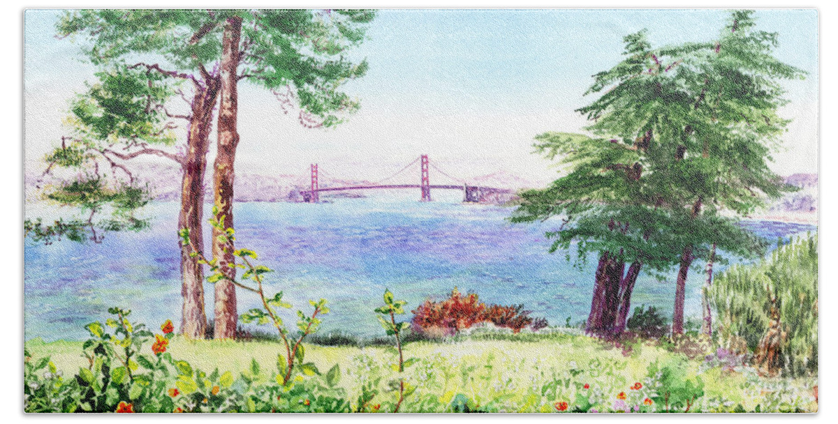 Lincoln Bath Towel featuring the painting Golden Gate Bridge View From Lincoln Park San Francisco by Irina Sztukowski