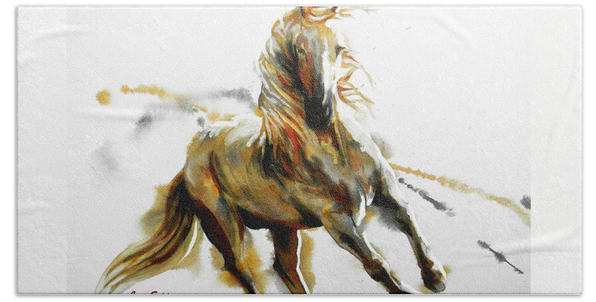 Golden Horse Bath Towel featuring the painting G O L D E N . S T E E D . by J U A N - O A X A C A