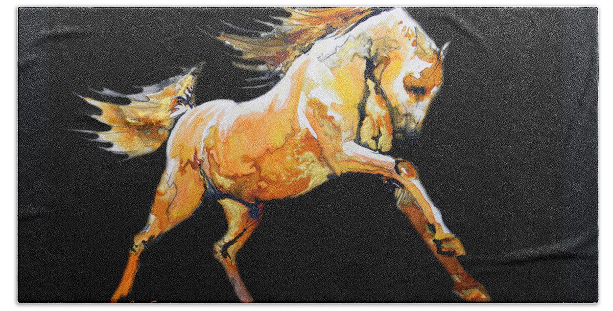 Cavallo Bath Towel featuring the painting G O L D E N . W I N D  . In Black by J U A N - O A X A C A