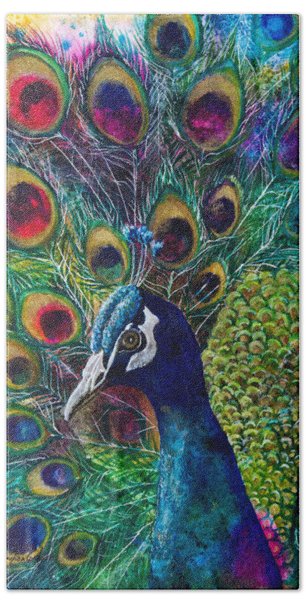 Bird Hand Towel featuring the painting Golden Peacock II by Patricia Allingham Carlson