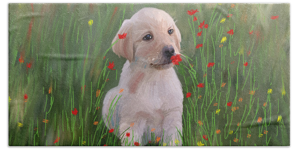 Puppy Bath Towel featuring the painting Golden Retriever Puppy by Angela Stanton